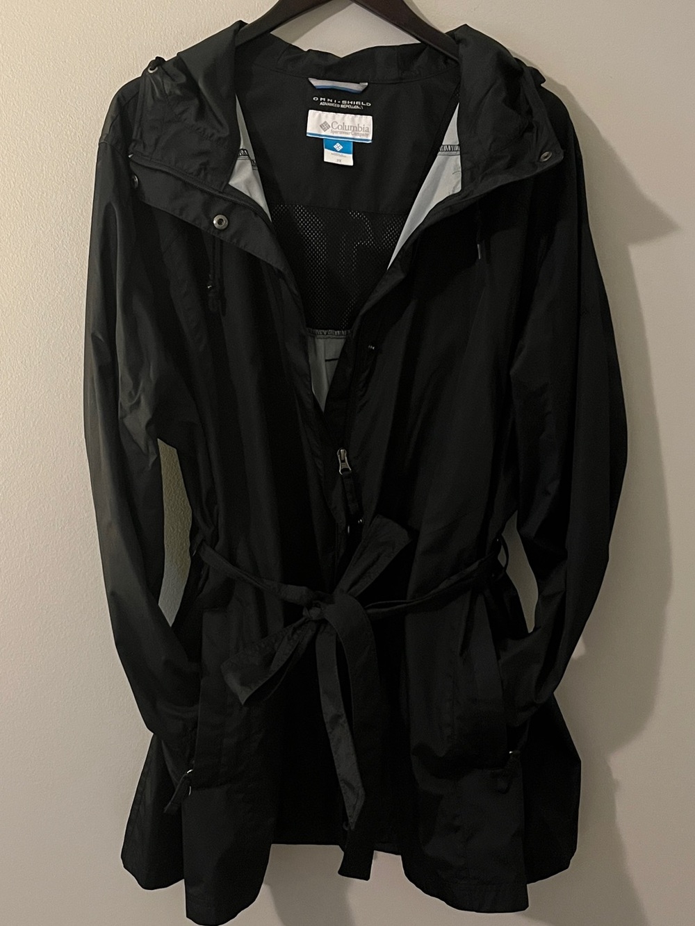 Columbia Plus Size Black Hooded Trench Raincoat with Tie Waist